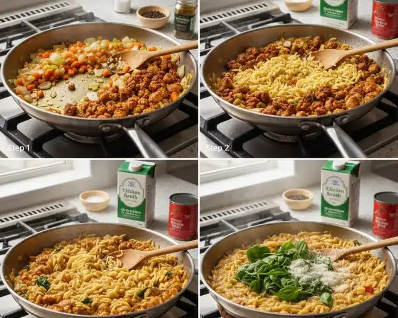 Four-step collage showing how to cook one-pan ground turkey pasta with vegetables, broth, pasta, and spinach for a creamy weeknight meal.
